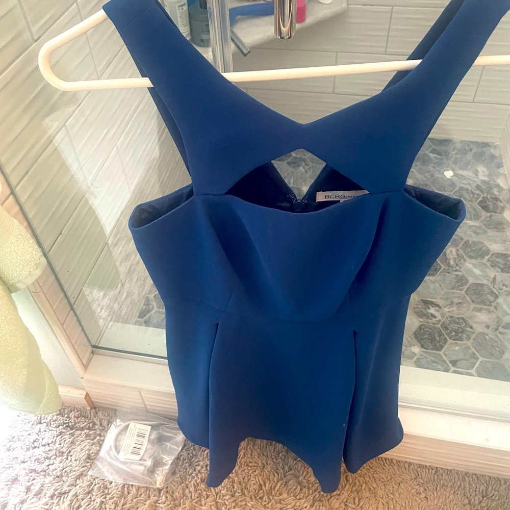 BCBG navy dress with front and back opening
